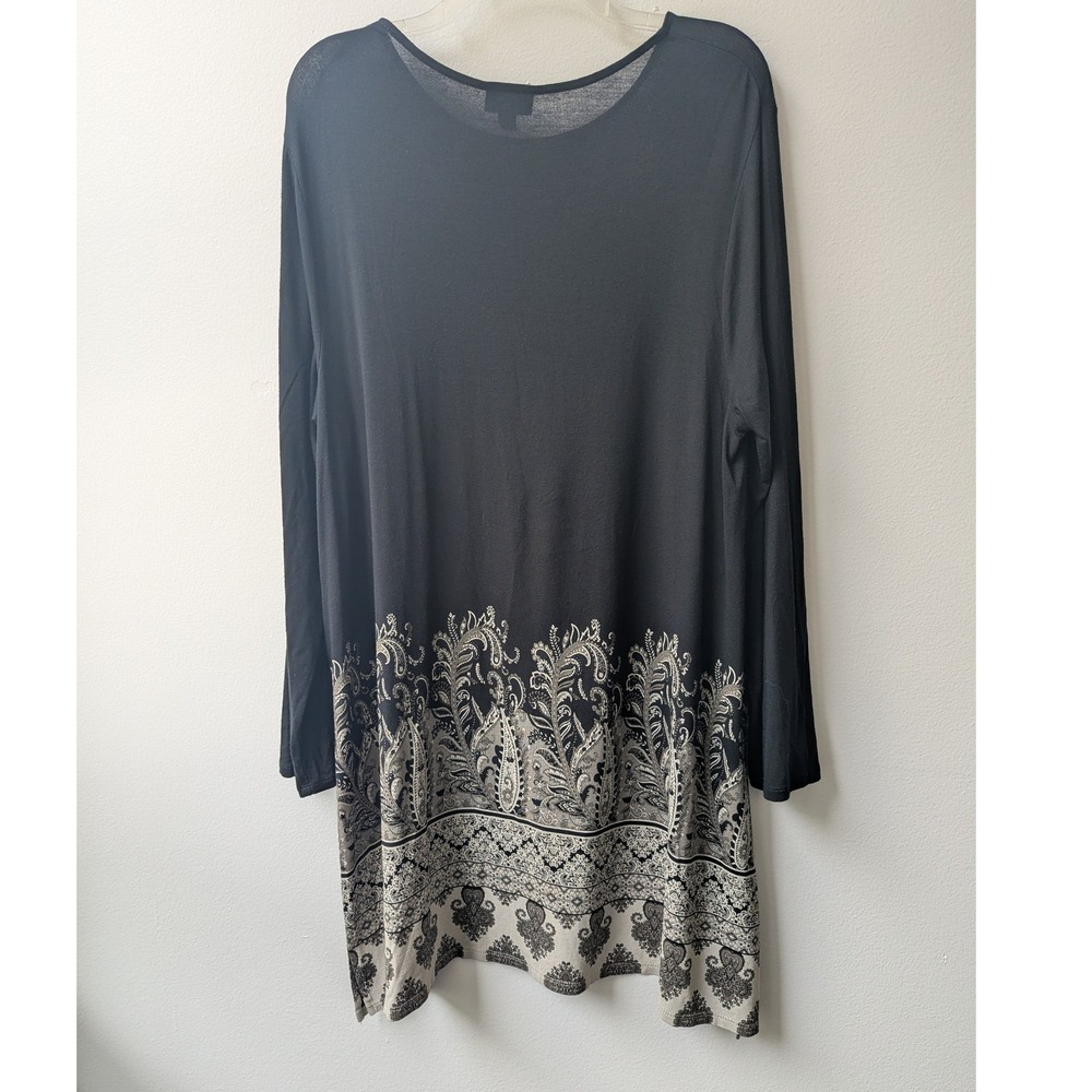 J. Jill Wearever Dress Black Paisley Border Print Long Sleeve 1X Boho *READ